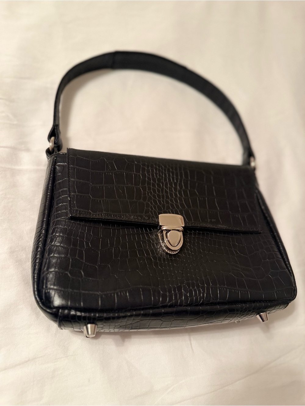 Vintage Coronado Leather Women's Black Croc Embossed Shoulder Bag silver clasp